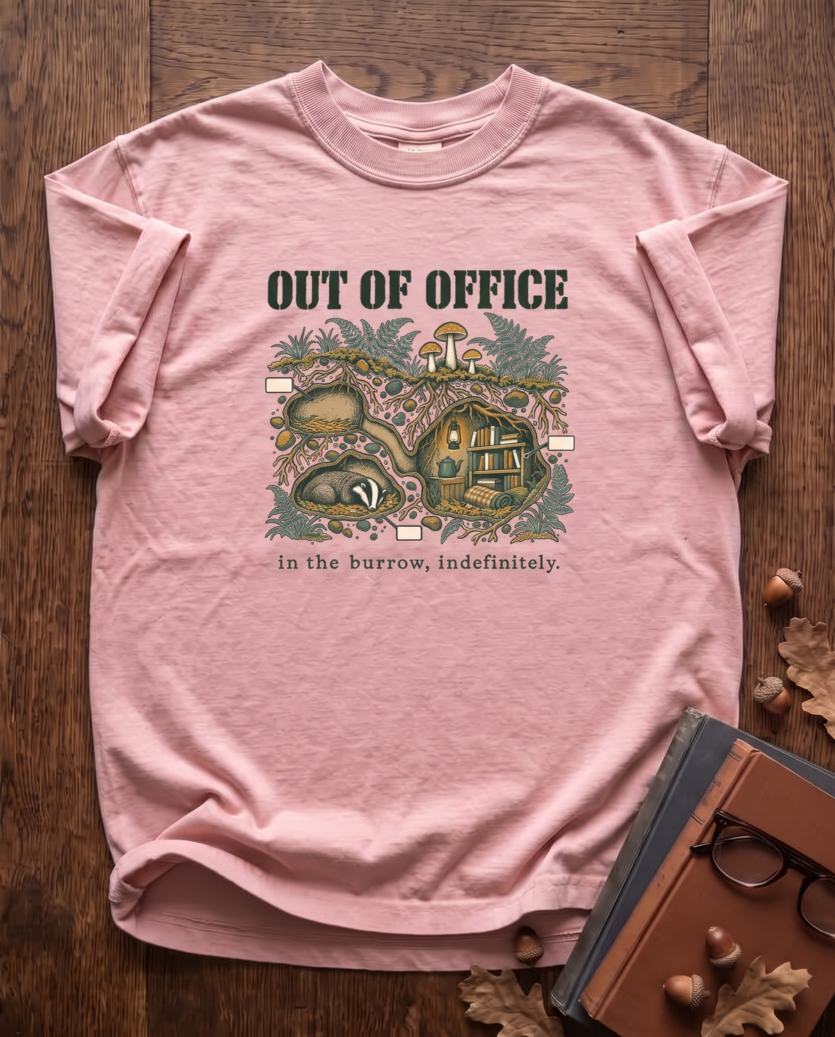 Out of Office, In the Burrow - Blossom pink Comfort Colors tee, styled flat lay