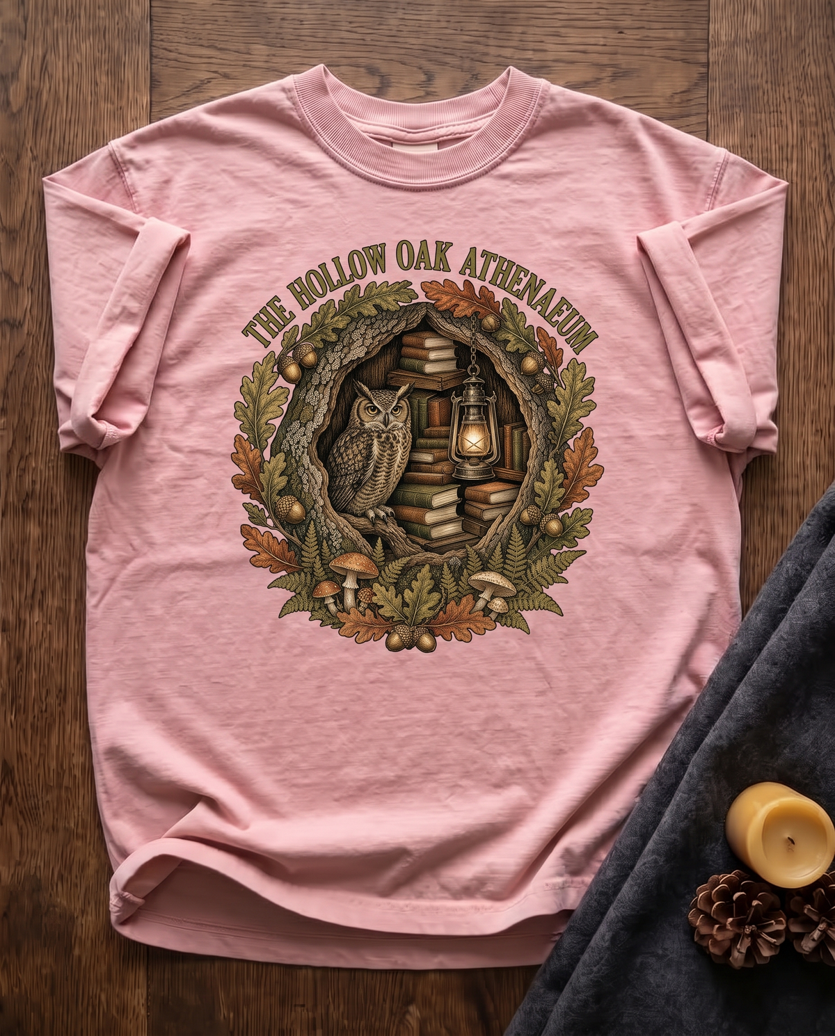 The Hollow Oak Athenaeum - Blossom pink Comfort Colors tee, styled flat lay