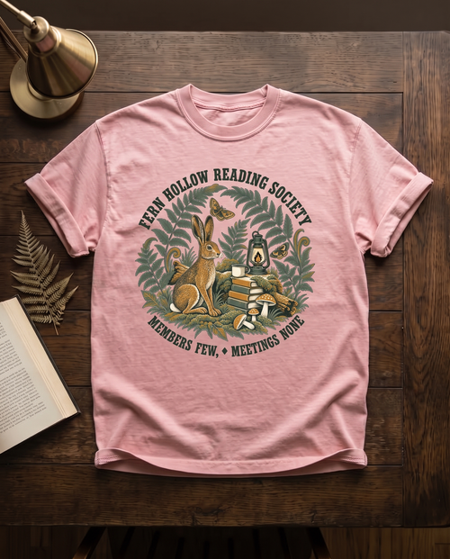 Fern Hollow Reading Society - Blossom pink Comfort Colors tee, styled flat lay