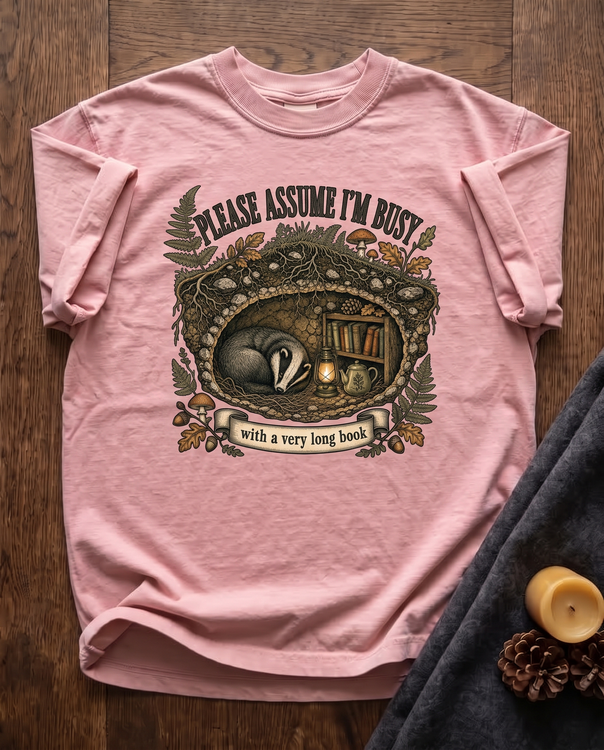 Please Assume I Am Busy - Blossom pink Comfort Colors tee, styled flat lay