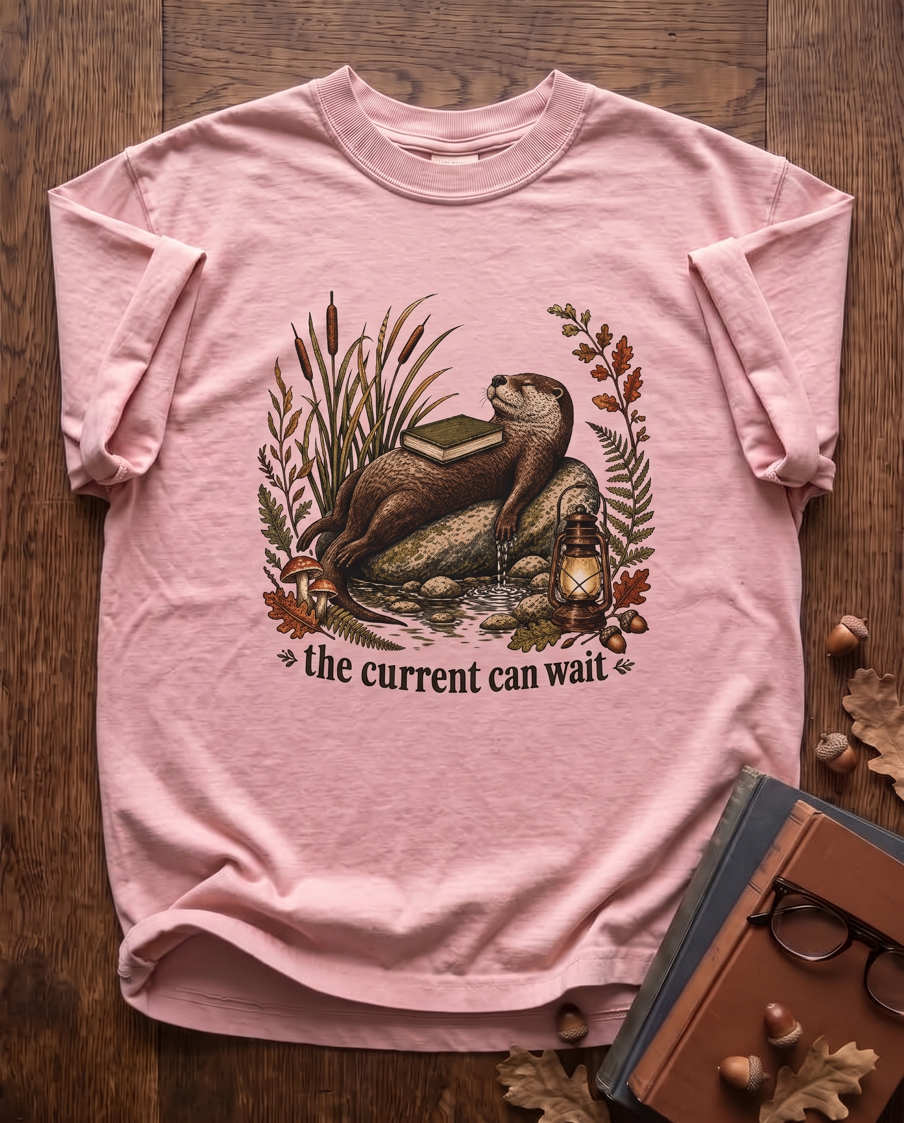 The Current Can Wait - Blossom pink Comfort Colors tee, styled flat lay
