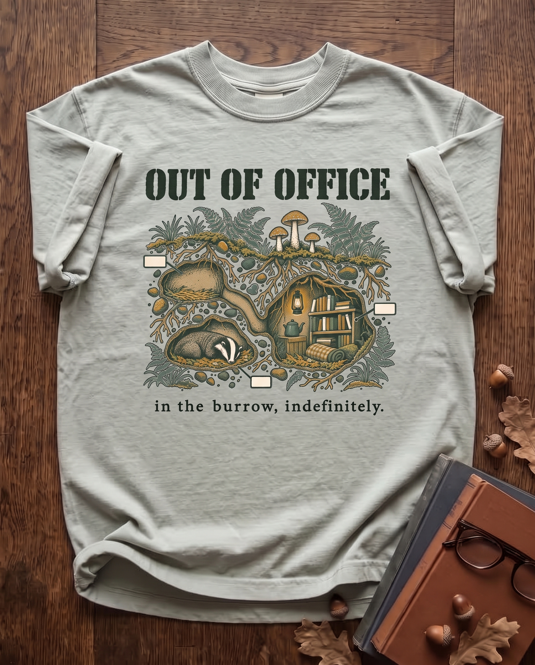 Out of Office, In the Burrow - Bay sage green Comfort Colors tee, styled flat lay