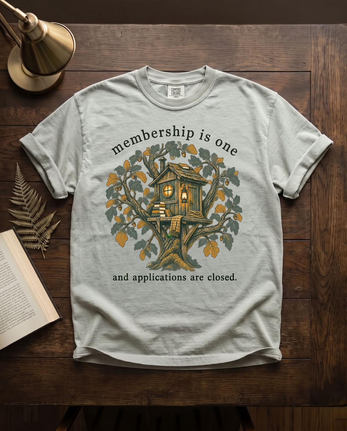 Membership Is One - Bay sage green Comfort Colors tee, styled flat lay