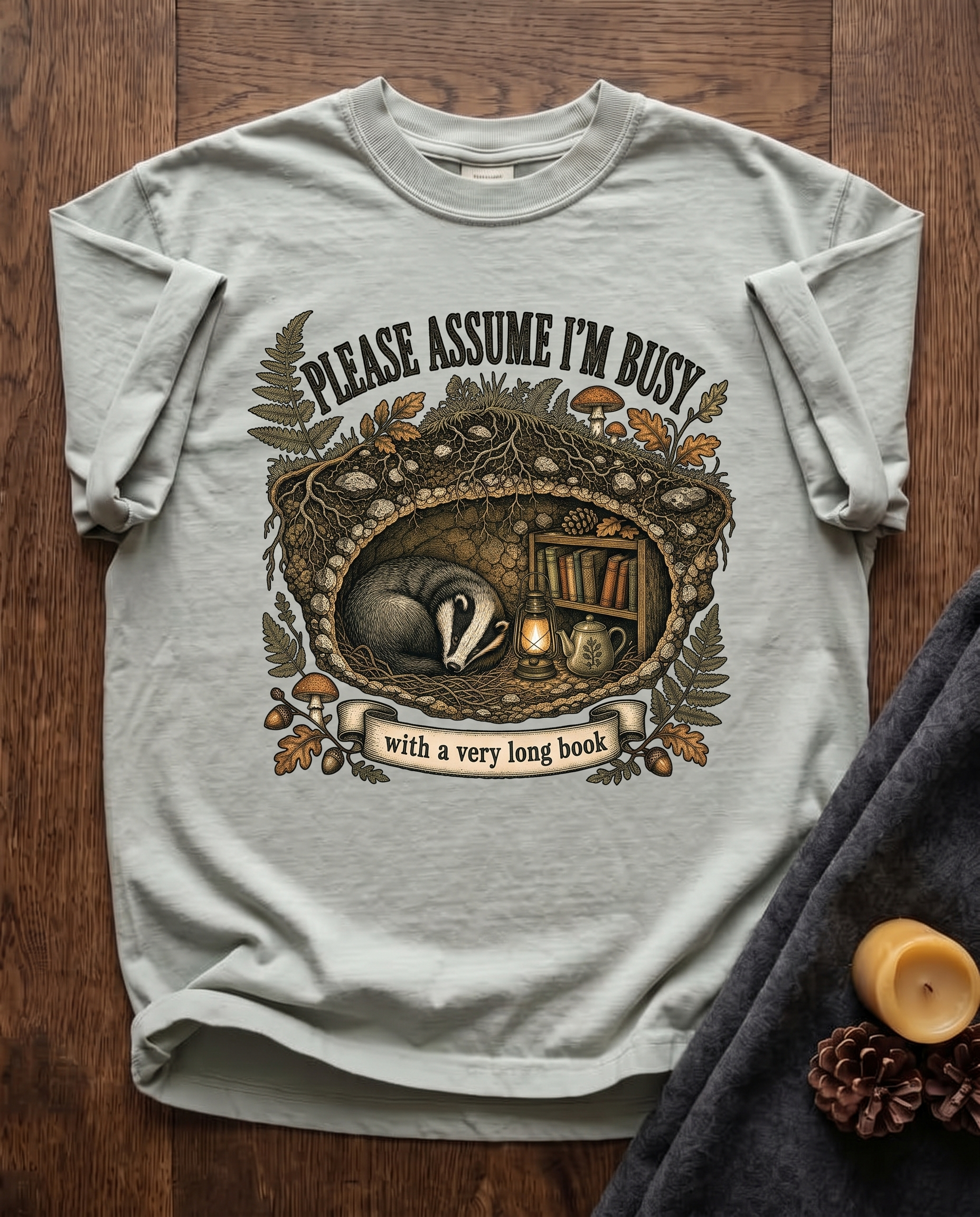 Please Assume I Am Busy - Bay sage green Comfort Colors tee, styled flat lay