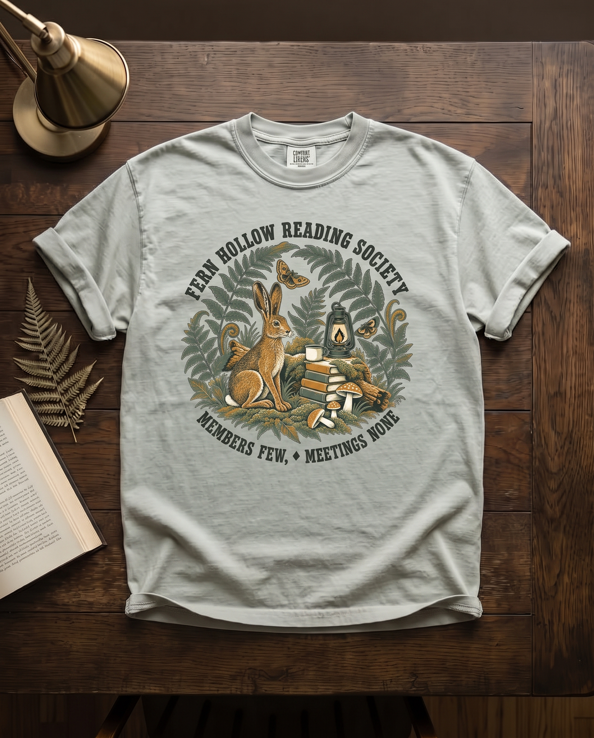Fern Hollow Reading Society - Bay sage green Comfort Colors tee, styled flat lay