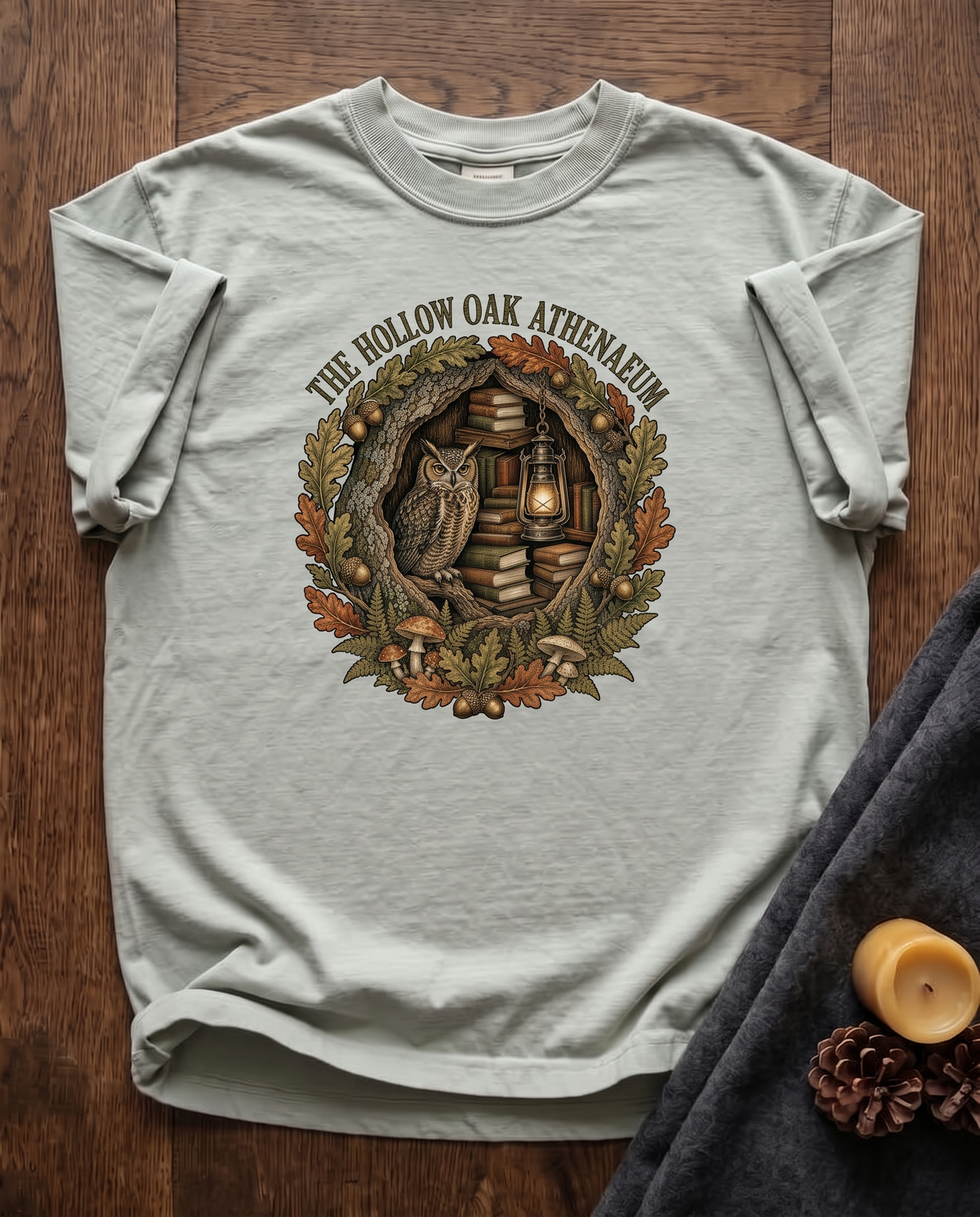 The Hollow Oak Athenaeum - Bay sage green Comfort Colors tee, styled flat lay